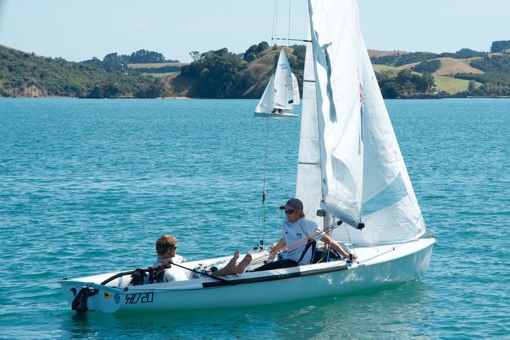 Francisco Lardies and Luke Stevenson waiting for wind. - NZ 470 Nationals &copy; Christine Hansen